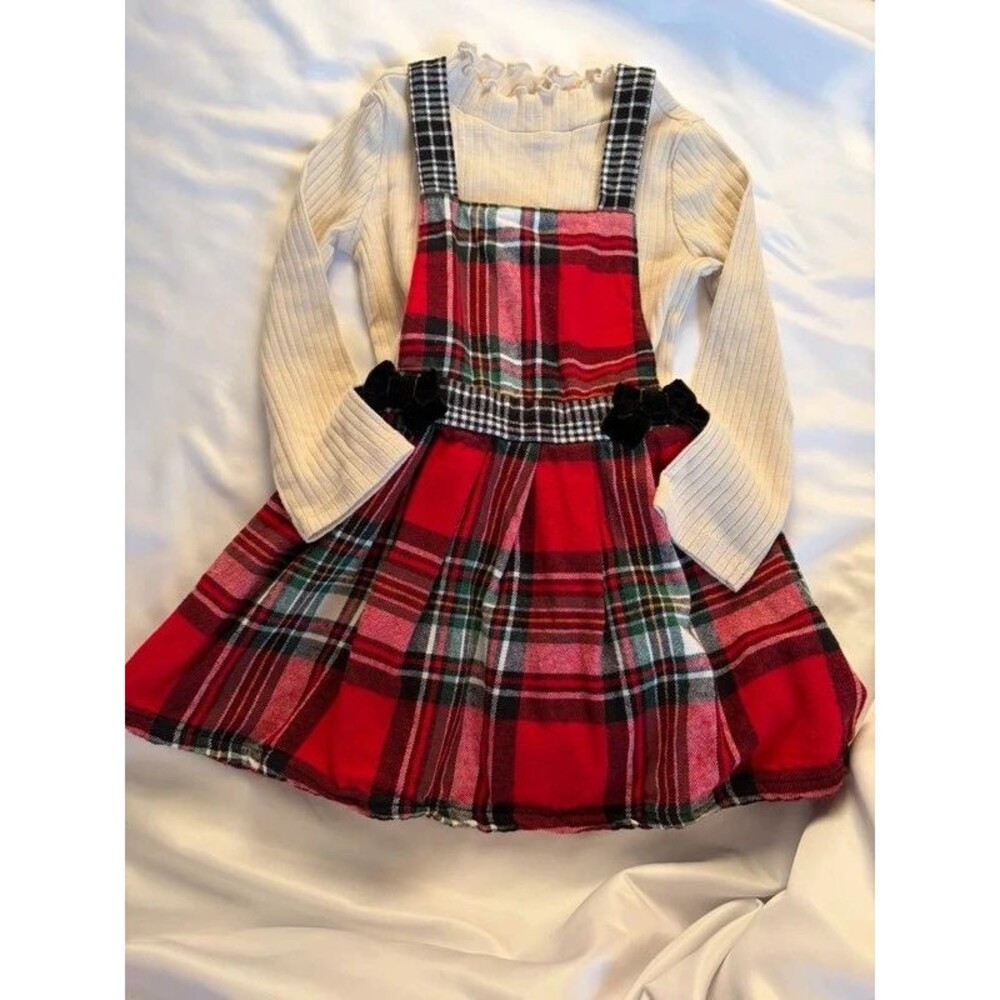 Wonder Nation Toddler Girls Holiday Plaid Pinafore Jumper Dress Rib Knit Set 2T